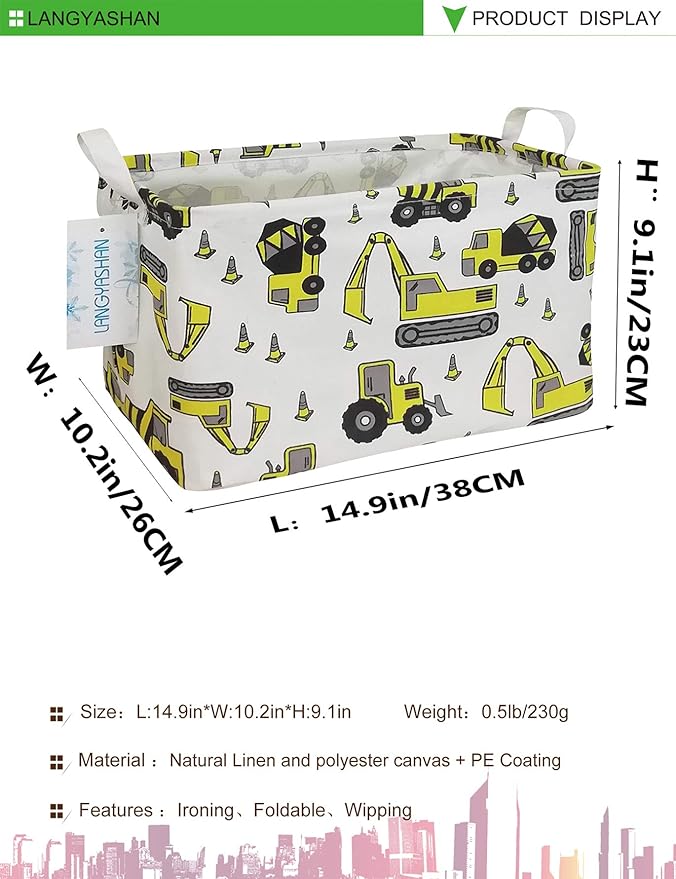 LANGYASHAN Rectangular Storage Bin Collapse Canvas Fabric Cartoon Storage Basket with Handles for Organizing Home Kitchen Boys and Girls Toys Office Closet Shelf Baskets (Rec Engineering Vehicle)