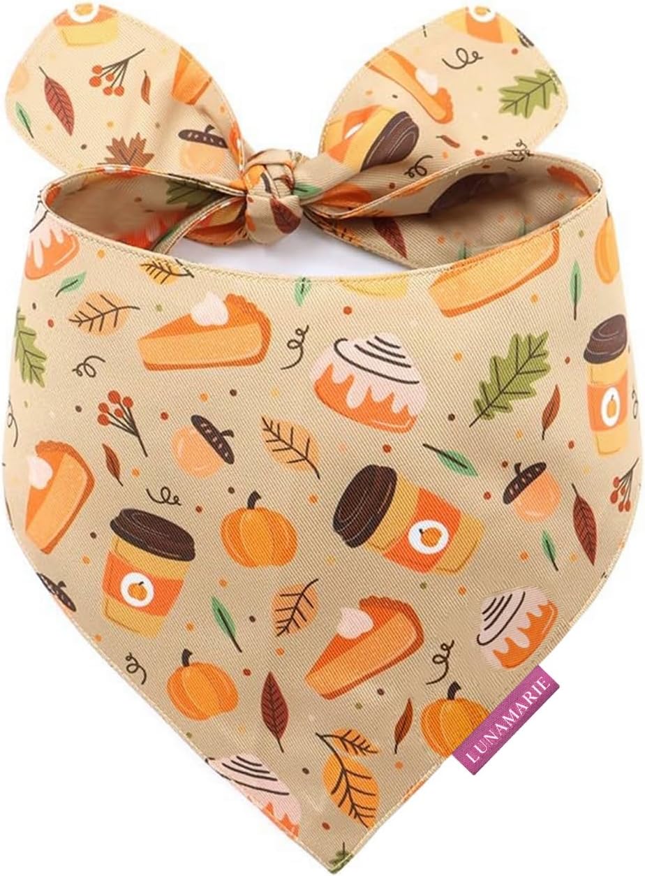LunaMarie - Luxury Dog Bandanas - Pumpkin Spice Fall Design | Premium & Silky Poly Fabric | 100% Handmade Quality | Custom Shape Dual Layered Reversible Small, Medium, Large Pet (Fall Sweets, Large)