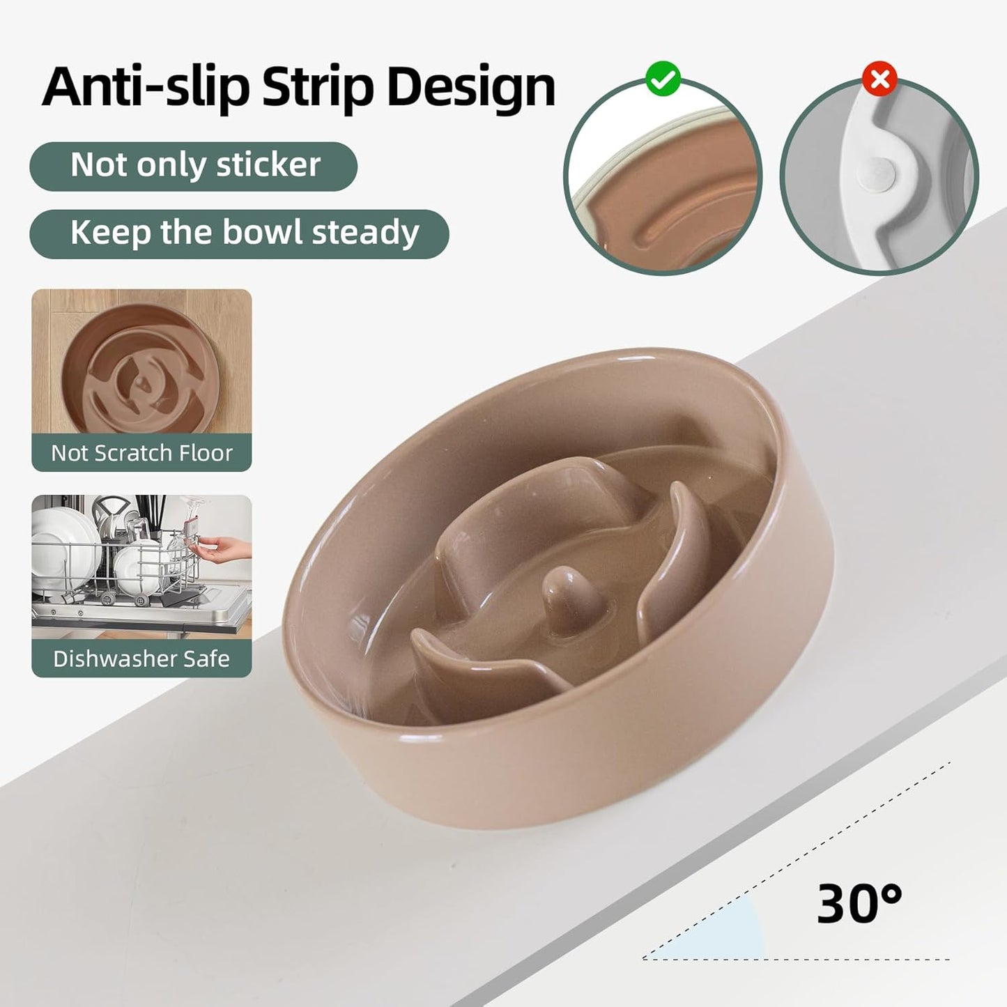 6.1inch Dog Bowl Slow Feeder Ceramic for Small Dog, Pet Slow Feeder, Stop Bloat, Preventing Choking(Single Bowl-Brown Coffee)