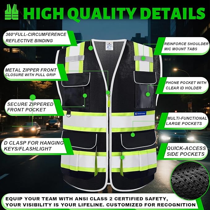 BeautyWill 5 Pack Safety Vest Class2 ANSI Certified Custom Logo High Visibility Reflective Vest for Men -10 Pockets Personalized Logo Heavy-Duty Work Vest（Mesh Black，4XL）