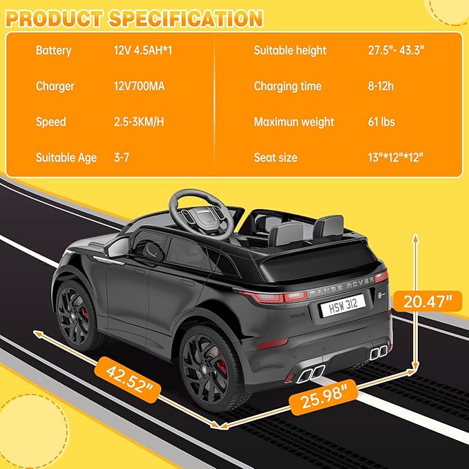 Hetoy Kids Ride On Car with Remote, Licensed Land Rover Kids Electric Car, Ride On Toys for Kids 3-8 with Mp3 Player, Rocking, Pull Rod, Black