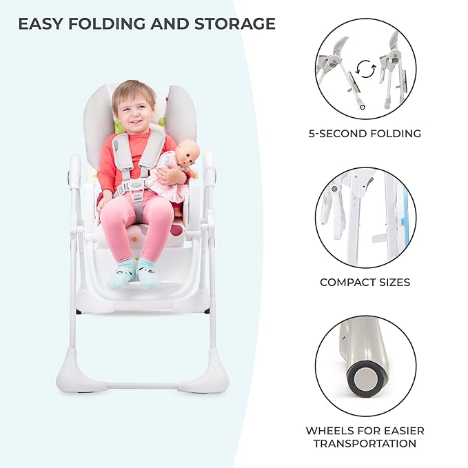 Kinderkraft Highchair Yummy, Baby Chair, Ergonomic, Comfortable, Reclining, Foldable, with Ajustable Height, Footrest, Detachable Double Tray, for Toddler, from 6 Month to 3 Years, Gray