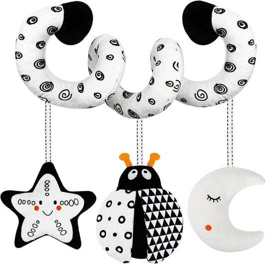 Car Seat Toys for Babies 0-6 Months,Hanging Rattle Toys for Crib Mobile, Baby Spiral Hanging Stroller Black and White High Contrast Toys for Newborn 0 3 6 9 12 Months Baby Boys Girls (Bug)