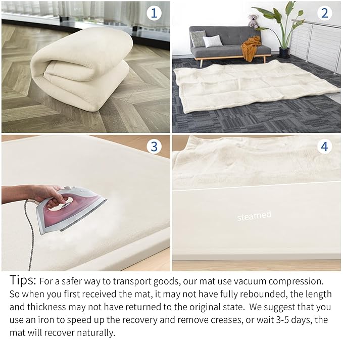 Baby Play Mat for Floor,1.3" Thick Memory Foam Tummy Time Mat,Water Repellent Soft Velvet Nursery Rug,Extra Large Non Slip for Crawling,Toddlers,Infants,Kids,Tatami Style for Living Room(Cream)