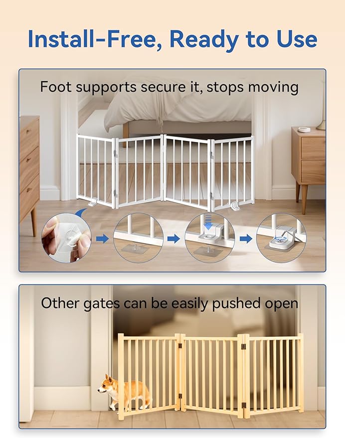 BFNN Free Standing Foldable Dog Gate, 16.5" High Step-Over Metal Short Pet Gate, Up to 72" Wide Puppy Fence for Stairs and Doorways, Indoor & Outdoor Use, No Drilling and No Assembly, White