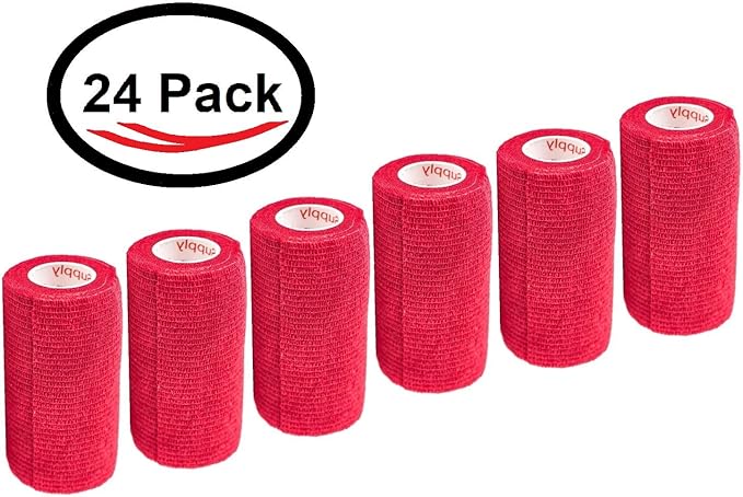 3 Inch Vet Wrap Tape Bulk (Red) (Pack of 24) Self Adhesive Adherent Adhering Flex Bandage Grip Roll for Dog Cat Pet Horse