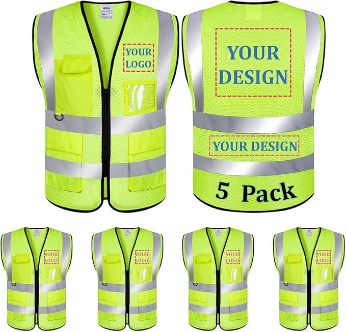 BeautyWill 5 Pack Custom Logo Mesh Safety Vest Class2 High Visibility Reflective Vest with 5 Pockets Construction Security Work Vest ANSI/ISEA Standards（Yellow，4XL ）