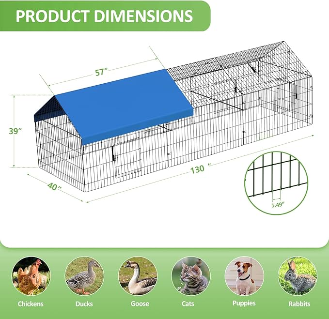 INJOPEXI Metal Chicken Coop 130"×40"×39" Chicken Runs for Yard with Cover Chicken Playpen Enclosure Chicken Pen Kennel Duck Coop Cage for Outdoor Backyard Farm Rabbit Dog Cat Small Animal Poultry