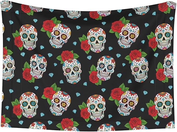 Dog and Cat Blanket in One, Floral Rose Flowers Day of The Dead Sugar Skulls, Double Sided Plush Throw with Raised Dot Pattern on One Side and Flat Velvet on Other for Variety
