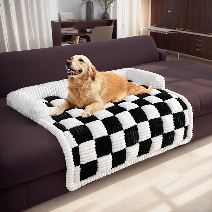 LiveGo Fuzzy Pet Couch Covers for Sofa, Dog Couch Cover Fuzzy Sofa Cover Cream Square Plaid Dog Bed Plush Dog Mat for Furniture Protector for Large Medium Dogs and Cats