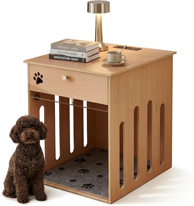 26 Inch Dog Crate Furniture for Small Dogs as Sofa Side Table with Flip-Up Acrylic Door, Storage Compartment & Charging Station