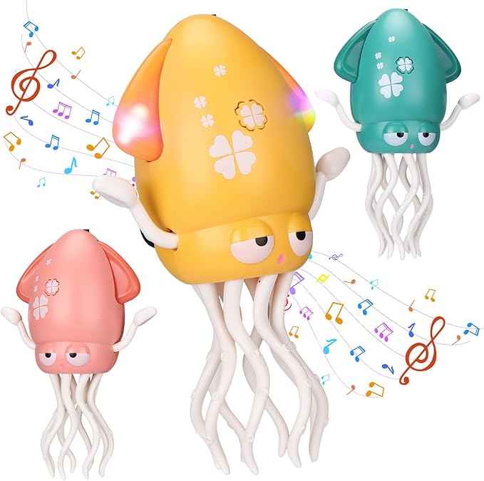 Magic Electric Dancing Octopus Toy with Led Light and Music,Playful Automatic Evasion Crawling Dancing Octopus with Fishing Rod,Smart Tentacle Explorer Dancing Squid Toy Tummy Time Baby Toys,Yellow