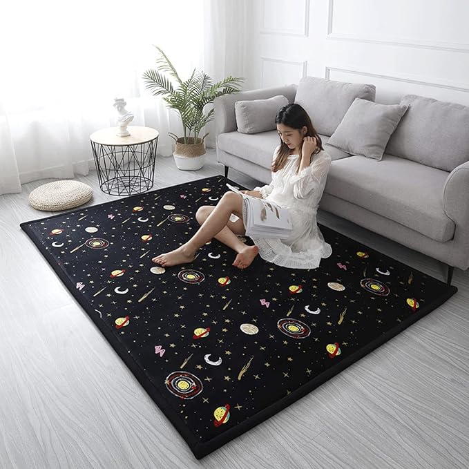 Loartee Coral Velvet Area Rug - 1" Thick Memory Foam Baby Play Mat, Washable Toddler Carpet, Home Decor for Living Room, Nursery, Kids Bedroom, Astral Black, 4'11"x4'11"