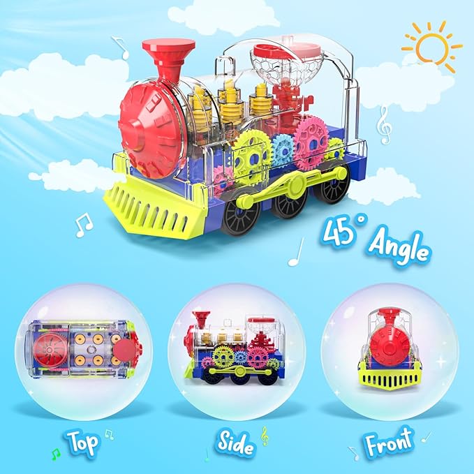 Kizeefun Light Up Train Toy for Toddlers: Transparent Gear Car Toy for Kids with Cool Light and Music Educational Crawling Toys for Baby Boys and Girls
