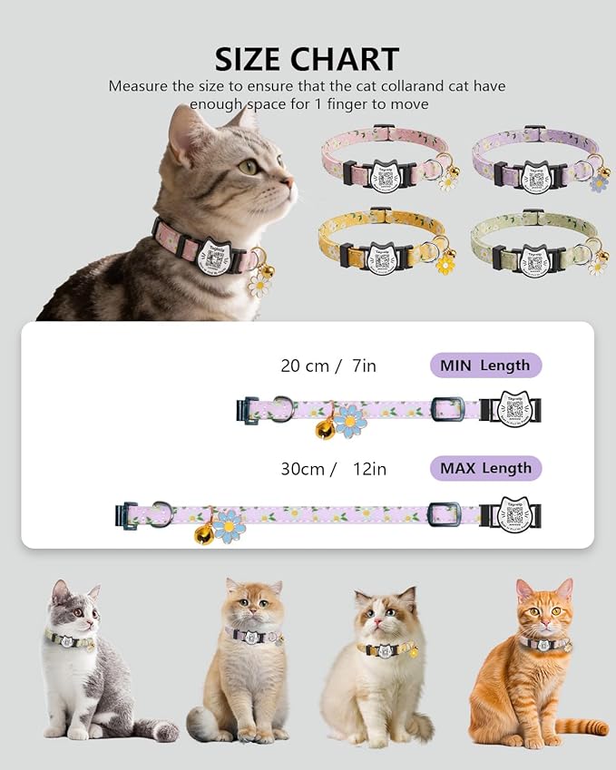 Cute Floral Breakaway Cat Collar with QR Code ID Tag, Soft Cotton Adjustable Kitten Collar with Bell, Personalized Scan ID for Cats, Daisy Pattern, Flower Pendant(Purple)