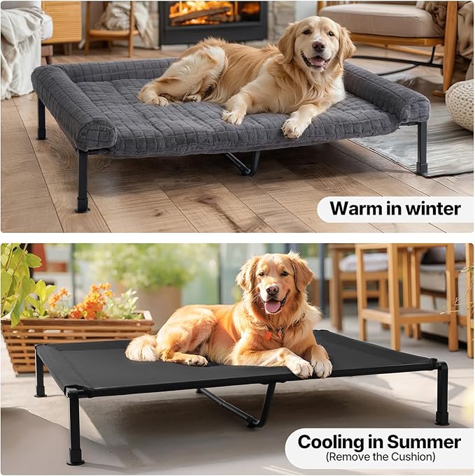 Veehoo Elevated Dog Bed Large Sized with Fluffy Plush Bolster Cushion, Washable Orthopedic Dog Couch Bed, Cooling Raised Pet Cot with Removable Mat, Breathable Mesh, No-Slip Feet, 48 x 37 inches, Grey