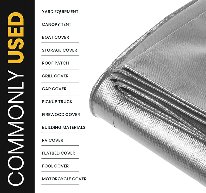 PROTARP Extra Heavy Duty 16 Mil Tarp Cover, Waterproof, UV Resistant, Rip and Tear Proof, Poly Tarpaulin with Reinforced Edges for Roof, Camping, Patio, Pool, Boat. (Silver/Black 10′ X 20′)