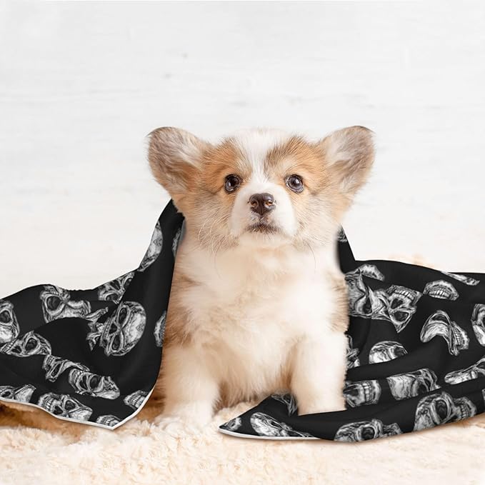 Pet Blanket for Indoor Outdoor Use, Black Skull Head, Two Sided Reversible Plush Mat with Bumpy Dot Texture for Patios Crates Portable Bed Companion