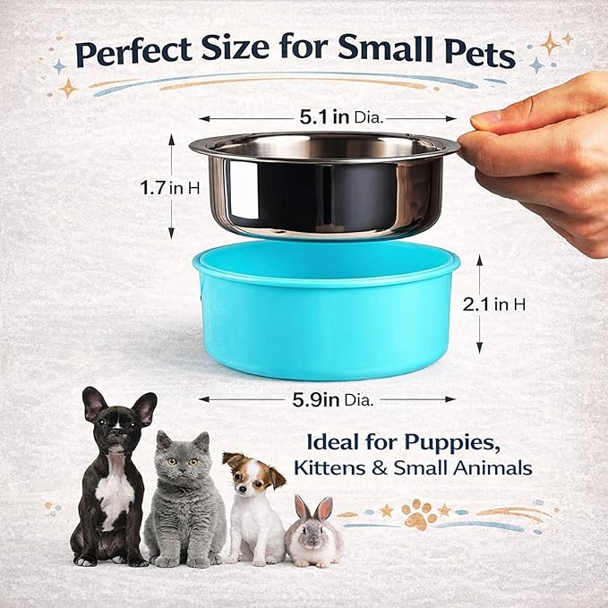HERCOCCI 2 Pack Dog Crate Bowls, Hanging Removable Stainless Steel Food and Water Bowls for Puppies, Small Dogs, Cats, Rabbits & Ferrets (Blue, Green)