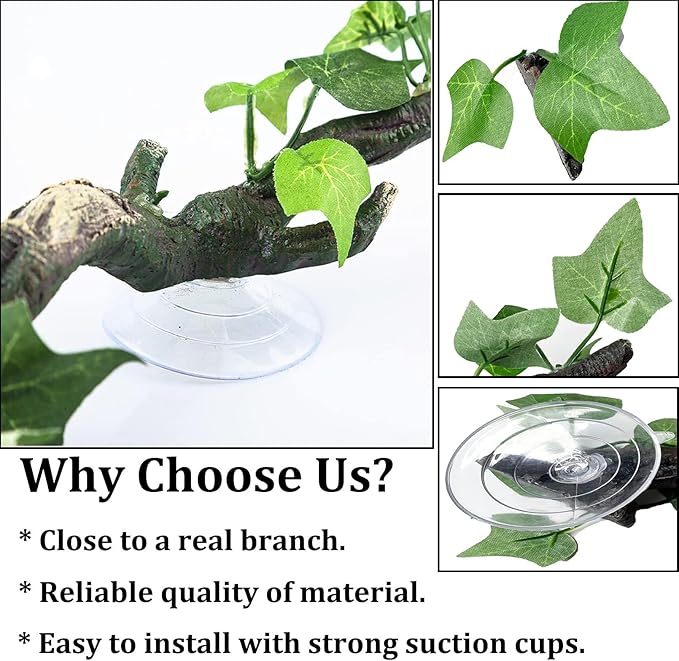 PINVNBY Reptile Corner Branch Resin Climb Tree Branch Decor with Leaves Terrarium Plant Decoration with Suction Cup Gecko Plant Ornament for Amphibian Lizard Snake Climbing (1 Pcs)