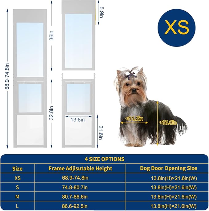 Docred Dog Door for Sliding Glass Door, 68 7/8" to 74 13/16" Adjustable Height Doggy Door for Sliding Doors, Pet Door Insert with Lock for Small-Sized Dogs or Cat,White