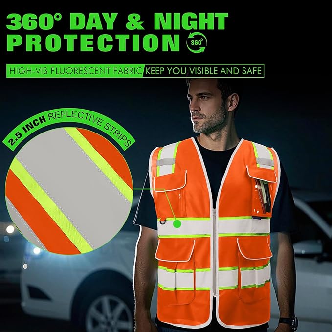 BeautyWill 5Pack Custom Logo Safety Vest 8 Pockets Class2 ANSI Certified High Visibility Reflective Vest for Men - Personalized Logo Heavy-Duty Work Vest（Orange，L）