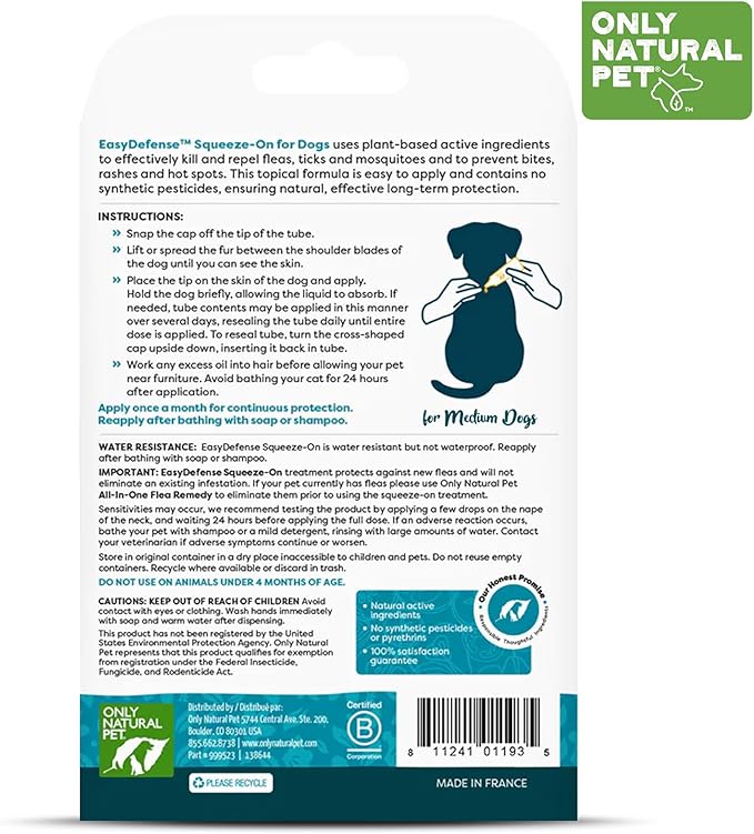 Only Natural Pet EasyDefense Flea & Tick Prevention for Medium Breed Dogs (15 to 40 lbs) - Natural Herbal Control, Squeeze-On Drops - Protects up to 3 Months (M Sqz)