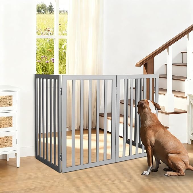 ZJSF Freestanding Indoor Dog Gate for House Foldable Wood Grey Puppy Gate for Doorways Pet Gate for Stairs Extra Wide Pet Fence 24" Height 4 Panels