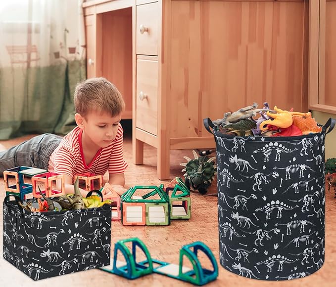 HIYAGON Rectangular Dinosaur Basket Empty Cute Storage Bin Organizer Box Dinosaur Room Decor for Books(Black Dinosaurs)