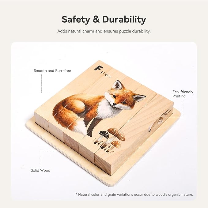 IEATFO 4 in 1 Wooden Animal Chunky Puzzle, 5 Solid Wood Puzzle Blocks with 4 Sides Realistic Forest Animals, Wooden Block Puzzle with Durable Base for Toddlers 3+ Years - Montessori Inspired