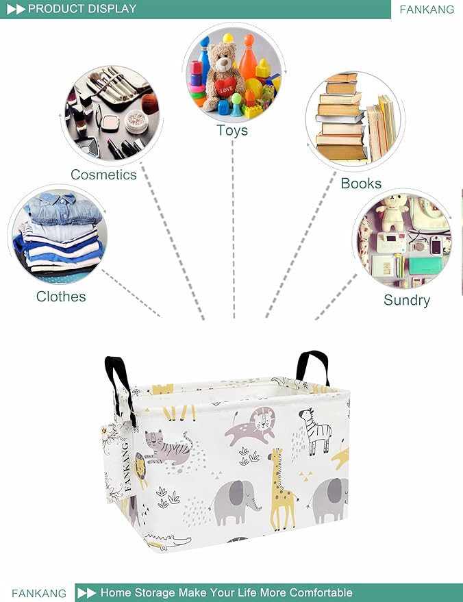 FANKANG Storage Bins, Nursery Hamper Canvas Laundry Basket Foldable with Waterproof PE Coating Large Storage Baskets for Kids Boys and Girls, Office, Bedroom, Clothes,Toys(Rec-Lovely Animals ）