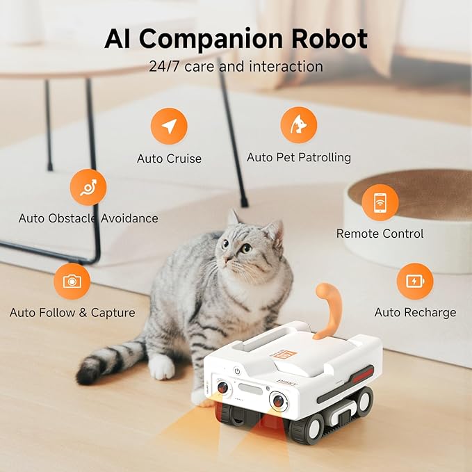 A3 AI Pet Companion Robot with 2K Camera – Smart Robot for Cats & Dogs, Auto Follow, Laser Toy, Night Vision, 2-Way Audio, AI Behavior Reports, Auto Recharge & App Sharing