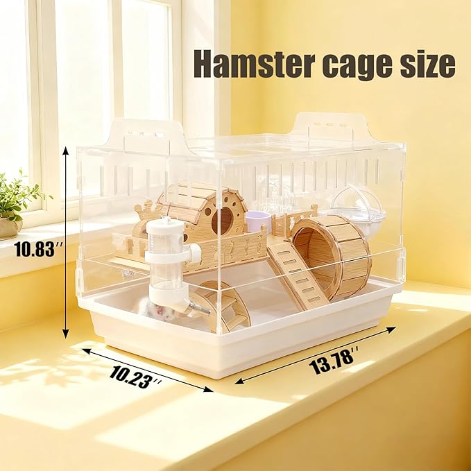Acrylic Hamster Cage,Small Animal Houses&Habitats with Accessories,Hamster Enclosure with Stairs,Clear Pet Mice House,For Dwarf Gerbil,Dwarf Hamster,Pet Mice(White,13.78"L*10.23"W*10.83"H)