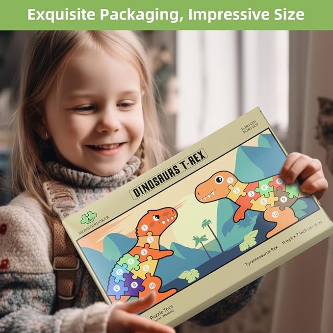 Wooden Dinosaur Puzzles Set for Kids/Toddlers Ages 1-8, T-Rex & Allosaurus with Colorful Box, Educational Dino Toys Little Boys/Girls 2 3 4 5 6 Year Old, Numbers/Chunky, Large 11"x7" Size