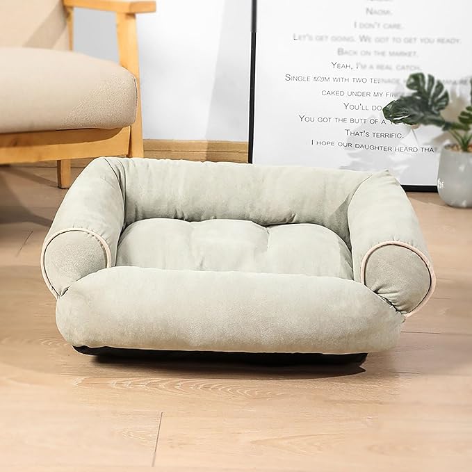 Suede Sofa Dog Bed, Multiple Sizes Orthopedic Memory Foam Mattress, Durable and Calming, Washable Dog Bed with Anti-Slip Bottom L LightGreen