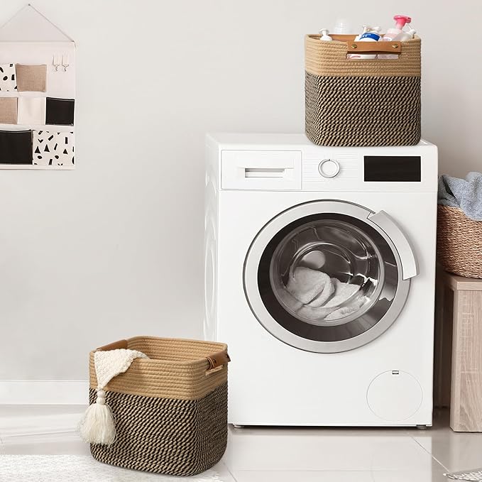 danpinera 3-Pack Cotton Rope Baskets for Storage, 11"x11" Cube Storage Cubes Store Toys, Towel, Snack, Storage Bins with Reinforced Stitching & Practical Handles, Black & Brown