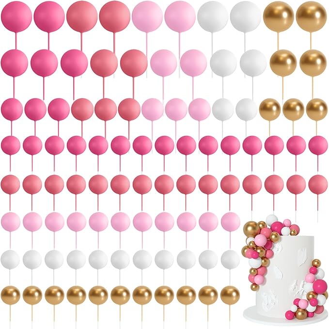 75 Pieces Cake Balls Topper Decorations Foam Cupcake Topper Mini Balloon Balls Cake Picks for Deco Birthday Party Wedding（Pink White Gold Series）