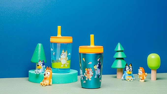 Zak Designs Bluey Kelso Tumbler Set, 15 fl.oz. Leak-Proof Screw-On Lid with Straw, Bundle for Kids Includes Plastic and Stainless Steel Cups with Bonus Sipper, 3pc Set, Non-BPA