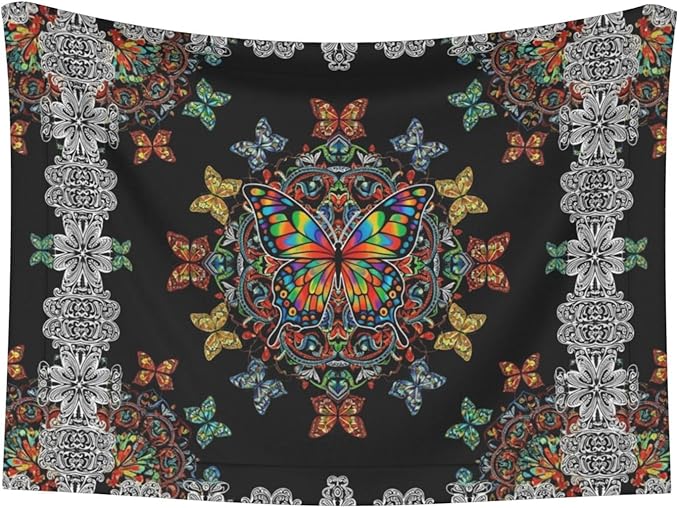 Double Sided Plush Pet Blanket with Cozy Dot Texture and Smooth Reverse, Butterflies Mandala Rainbow Art Black and White, Reversible Throw for Dogs Cats on Couches Beds Crates