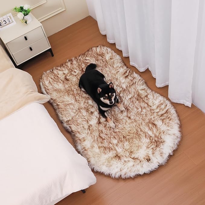 63 Inch Faux Fur Dog Bed for Large/Medium Dogs Orthopedic Beds with Fluffy Faux Fur & Soft Memory Foam for Joint Pain Relief, Machine Washable and Waterproof Dog Couch Beds White with Brown ﻿