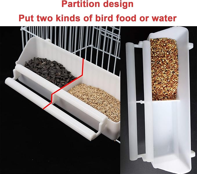 6pcs Bird Feeder, Pet Birds Food Double Plastic Seed Water Dish Dispenser Standing Frame Plastic Food Cup for Parrots Cockatiel Pigeon Sparrow Bird Cage Bowl with 6 Spoons