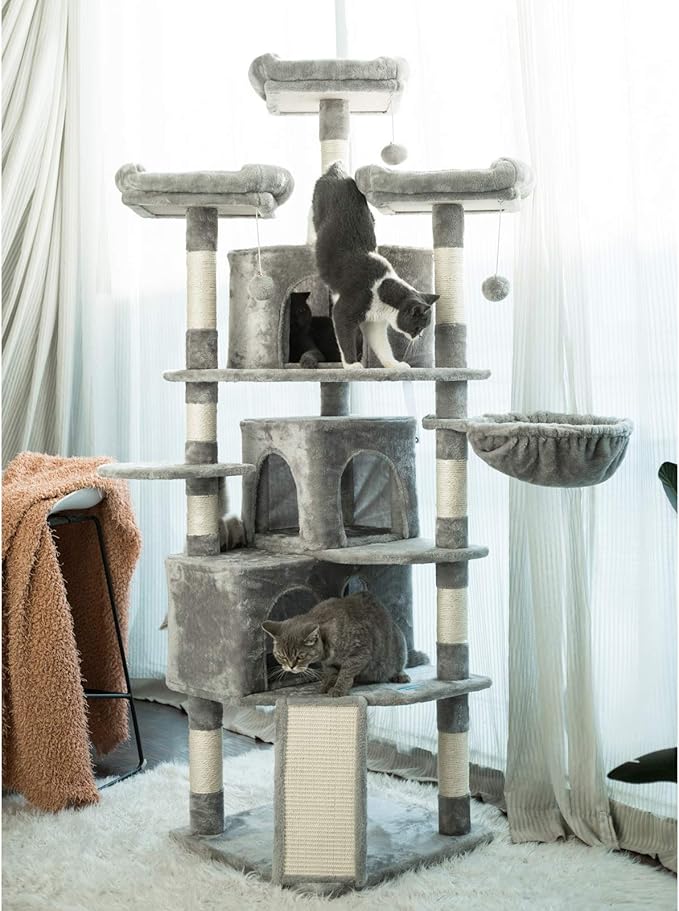 Hey-brother XL Size Cat Tree, 73.4 inch Cat Tower with 3 Caves, 3 Cozy Perches, Scratching Posts, Board, Activity Center Stable for Kitten/Gig Cat, Light Gray MPJ032W