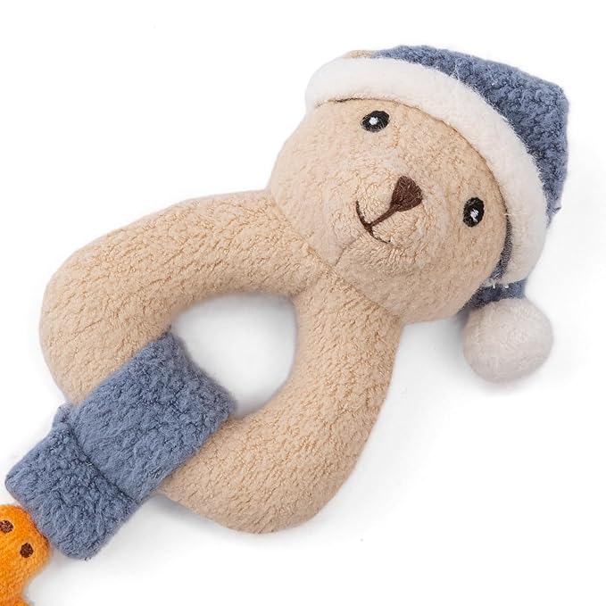 Organic Cotton Stuffed Animal Rattle Baby Toys, Plush Polar Bear Cuddle Cloth and Hand Grip Ring Rattles Plush Toy Set for Newborns Infant Boys Girls, 2 PCS