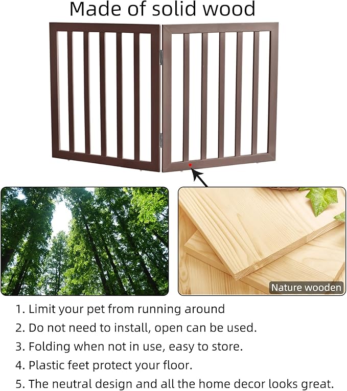 ZJSF Freestanding Indoor Dog Gate for House Foldable Wood Brown Puppy Gate for Doorways Pet Gate for Stairs Extra Wide Pet Fence 24" Height 2 Panels