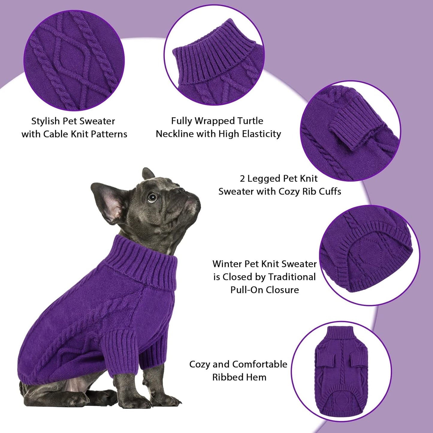 Queenmore Small Dog Pullover Sweater, Cold Weather Cable Knitwear, Classic Turtleneck Thick Warm Clothes for Chihuahua, Bulldog, Dachshund, Pug (Purple, Medium)