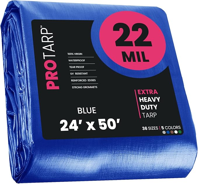 PROTARP Extreme Heavy Duty 22 Mil Tarp Cover, Waterproof, UV Resistant, Rip and Tear Proof, Poly Tarpaulin with Reinforced Edges for Roof, Camping, Patio, Pool, Boat. (Blue 24′ X 50′)