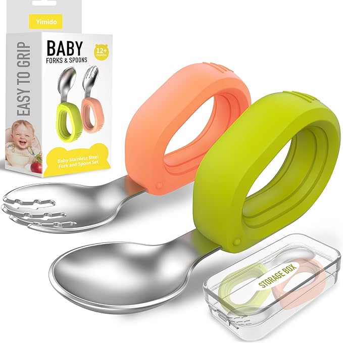 Toddler Utensils - Baby Forks and Spoons Set - Kids Stainless Steel Silverware - Children Safe - Self Feeding - Dishwasher Safe (Orange + Green)