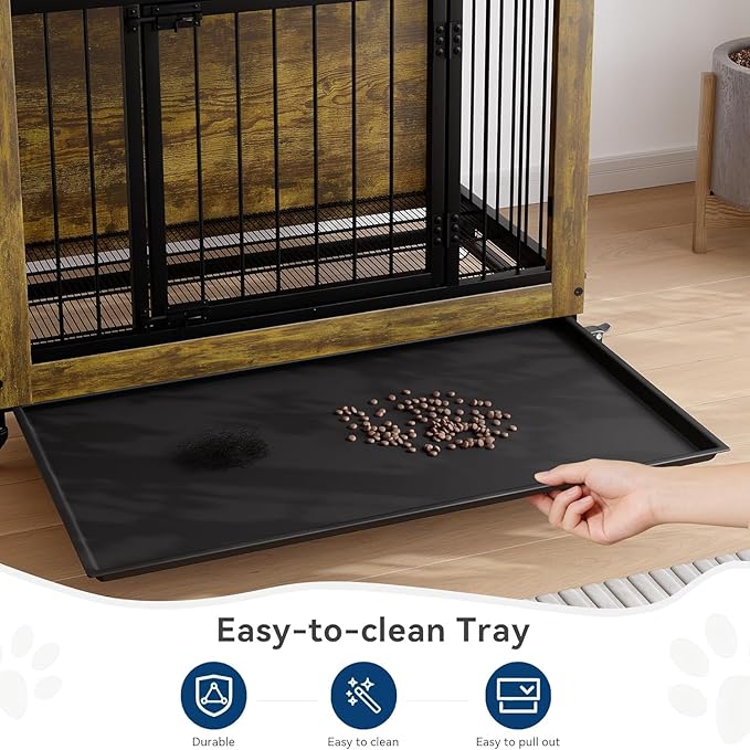 38.6 Inch Rustic Wooden Dog Crate Furniture with 3 Doors, Heavy Duty Indoor Dog Kennel Side Table with Wheels and Removable Tray, Easy-Clean Pet House Cage for Small to Medium Dogs
