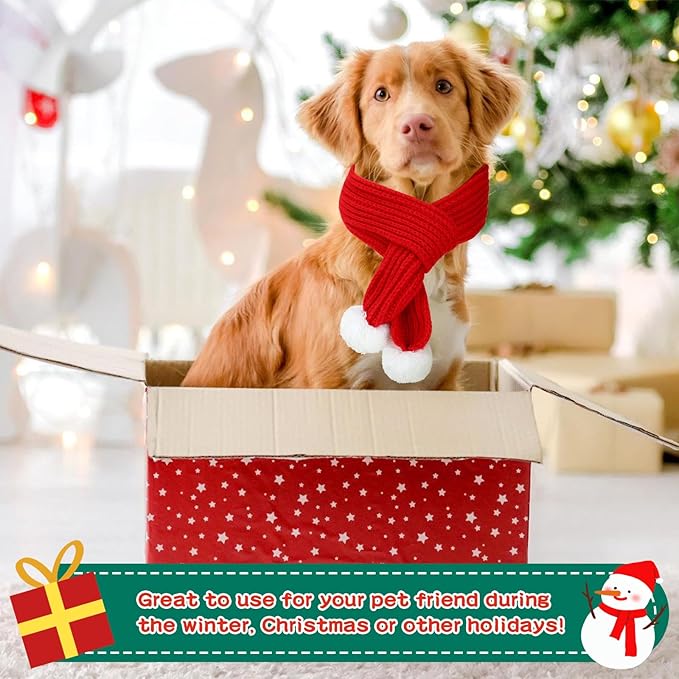 BWOGUE 2-Piece Knitted Dog Christmas Scarf & Bandana with White Pom Pom for Medium/Large Dogs - Winter Warm Holiday Pet Costume Accessory (Red, Green)