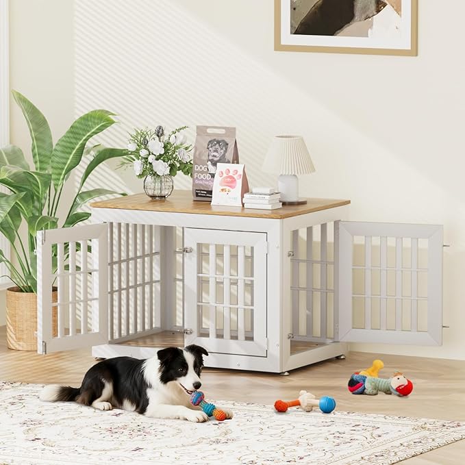 38" Heavy Duty Dog Crate Furniture for Small,Medium and Large Dogs,Rustic Wooden Dog Cage Kennel Indoor Furniture with Waterproof Top,Decorative Pet House Side End Table (White & Wood)